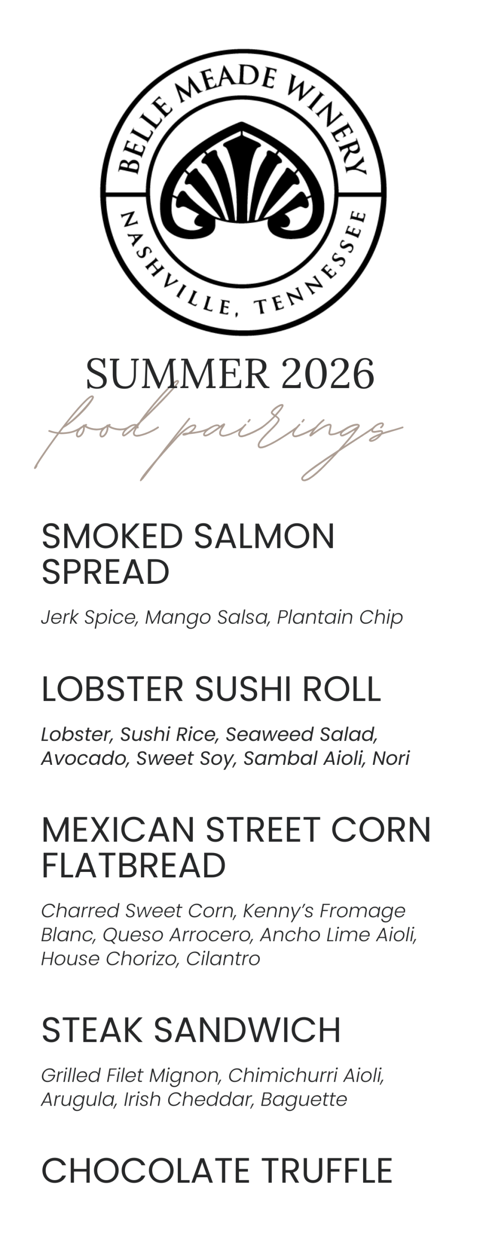 Belle Meade Winery menu: Smoked Salmon Spread, Lobster Sushi Roll, Mexican Street Corn Flatbread, Steak Sandwich.