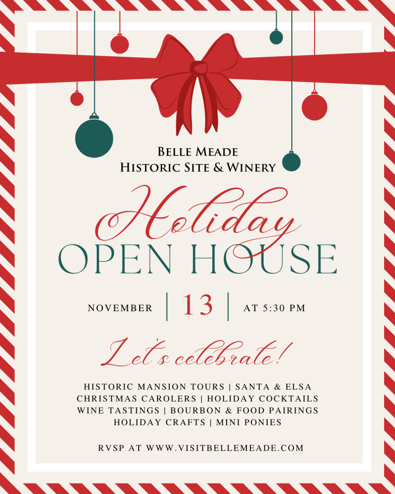 Holiday Open House poster with red ribbon, event details, and festive decorations.