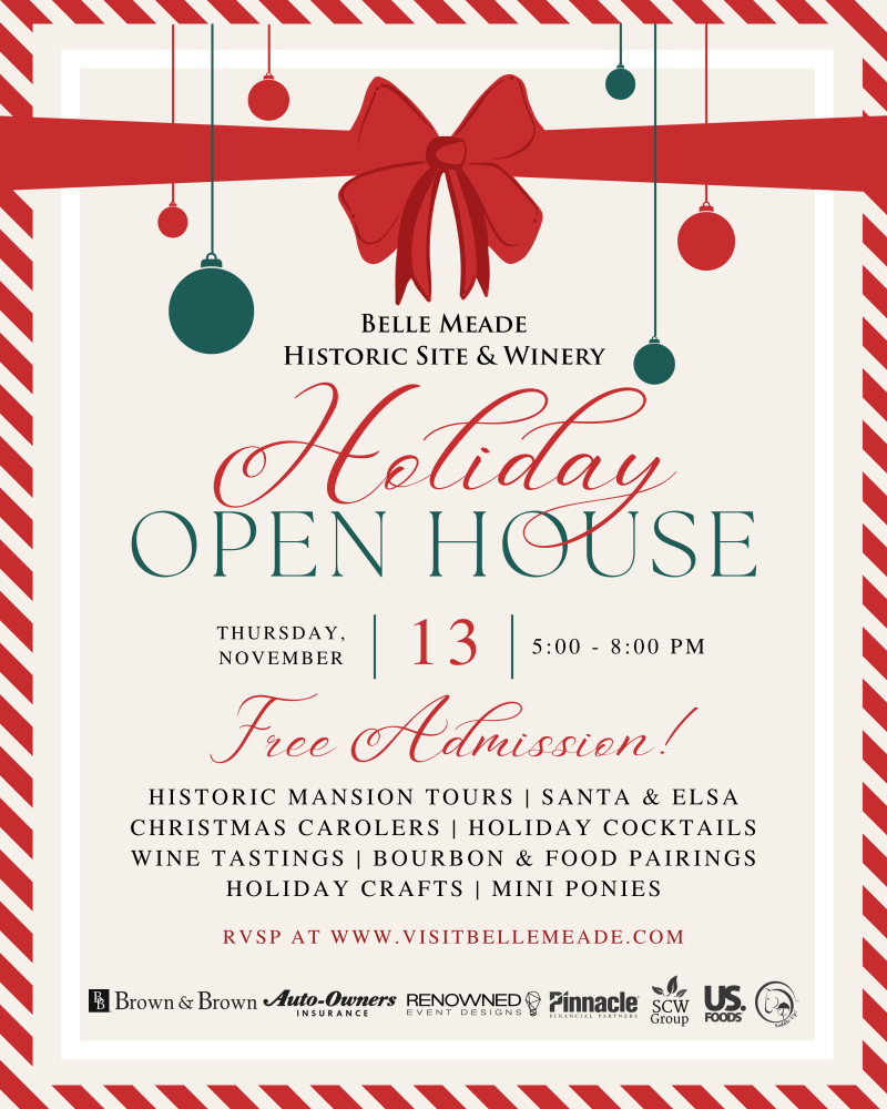 Holiday event poster with red bow, stripes, and festive ornaments for an open house at Belle Meade.
