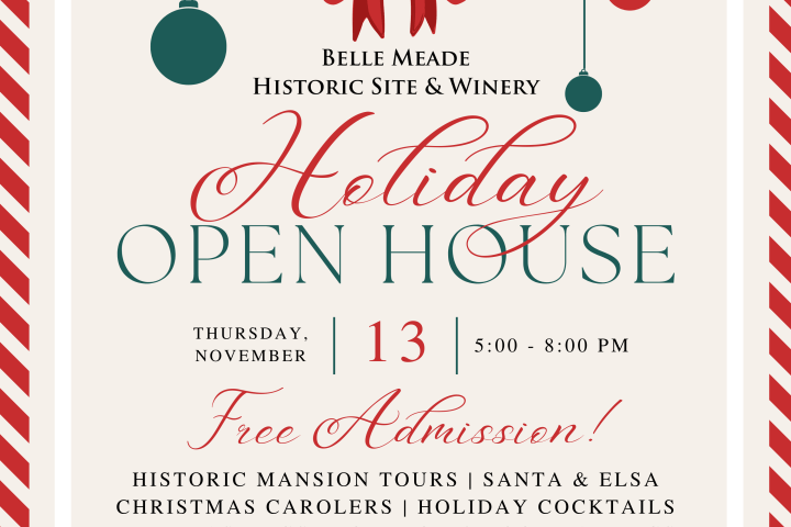 Holiday event poster with red bow, stripes, and festive ornaments for an open house at Belle Meade.