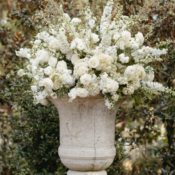 a vase of flowers on a rock