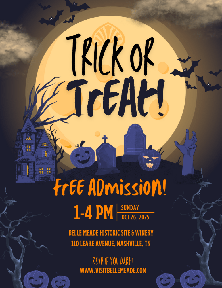 Spooky Halloween flyer with bats, pumpkins, gravestones, and text details for a Trick or Treat event in Nashville.