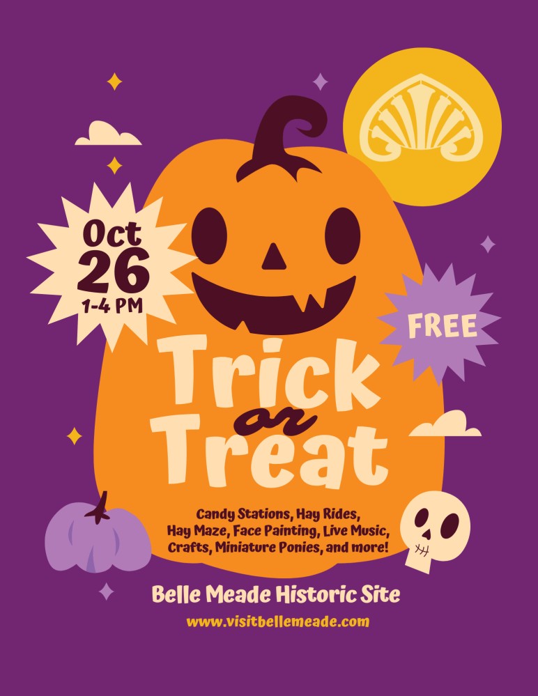 Halloween event poster with pumpkin, bats, and event details for Oct 26, 1-4 PM at Belle Meade Historic Site.