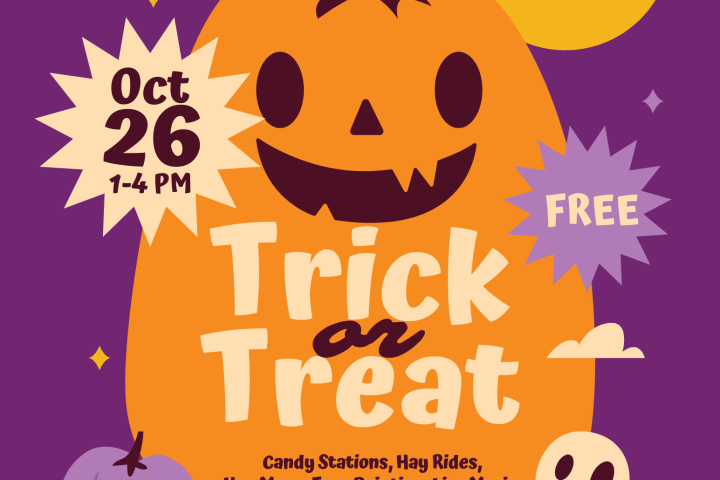 Halloween event poster with pumpkin, bats, and event details for Oct 26, 1-4 PM at Belle Meade Historic Site.