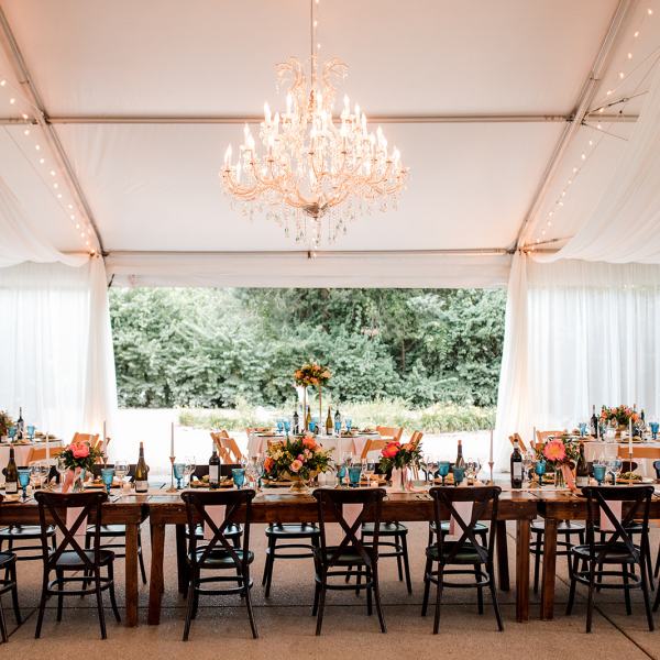 a group of people that are set up on a dining room table