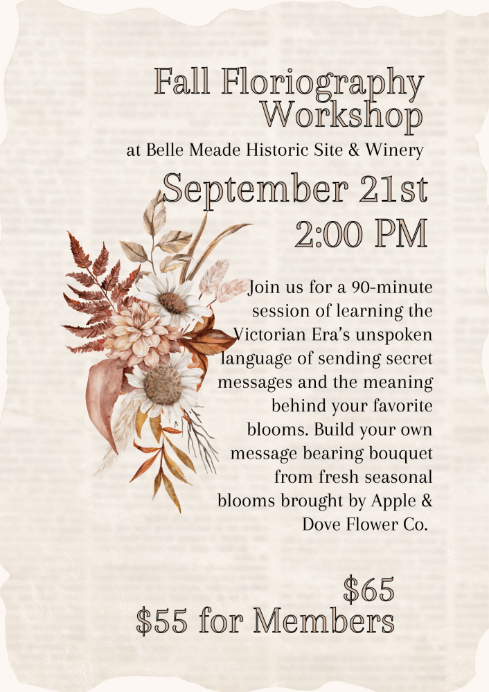 Fall Floriography Workshop poster with date, time, floral design, and pricing details.
