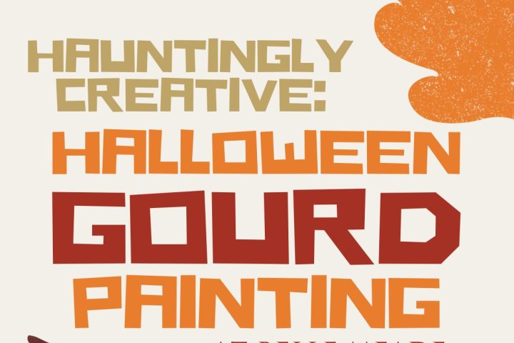 Flyer for Halloween Gourd Painting event with pumpkins, paintbrushes, and palette. Date: Sept 28, 2025, 1 PM.
