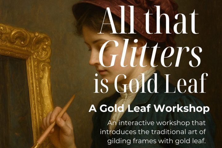 Woman applying gold leaf to frame; text promotes a gold leaf workshop on Dec. 14th at Belle Meade Historic Site.