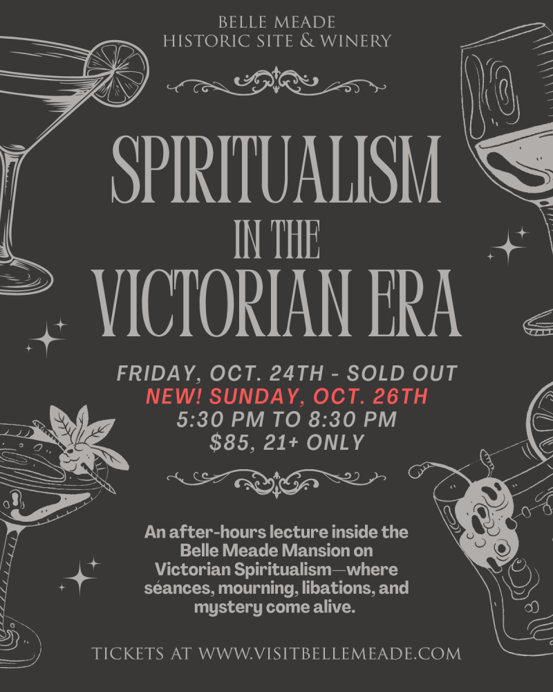 Event poster for 'Spiritualism in the Victorian Era' with date details and cocktail illustrations.