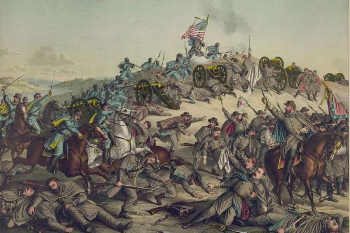 Historical painting of a chaotic Civil War battle scene with soldiers and cannons.