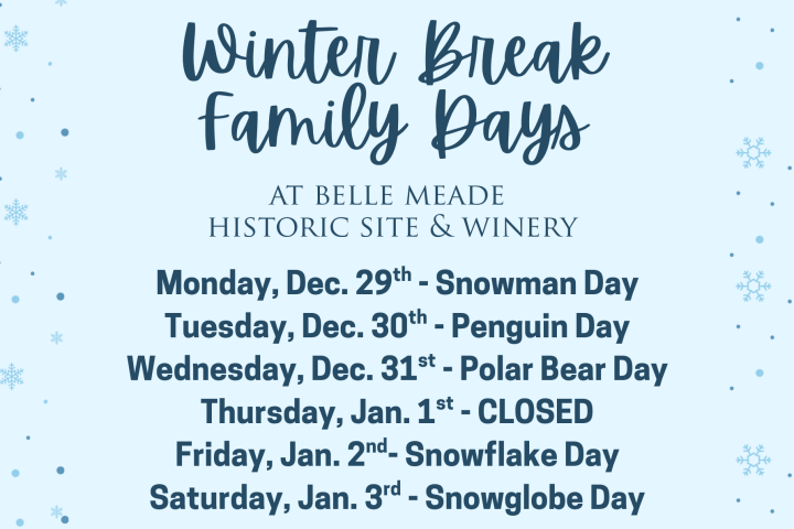 Flyer for Winter Break Family Days with event dates, snowy house, trees, and snowmen illustration.