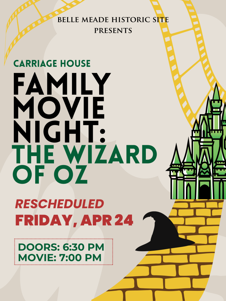 Poster for rescheduled 'Wizard of Oz' movie night, Apr 24, with castle, yellow brick road, film strip, witch hat.