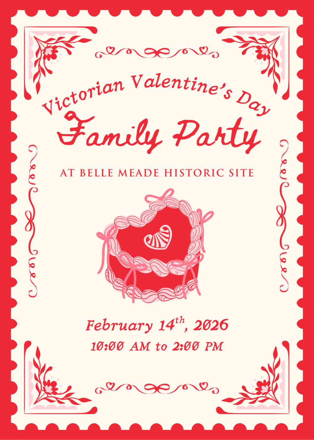 Victorian Valentine's Day Family Party invitation with a heart design and floral borders.