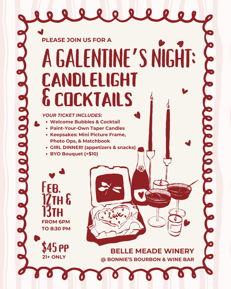 Invitation for 'A Galentine's Night: Candlelight & Cocktails' event at Belle Meade Winery.