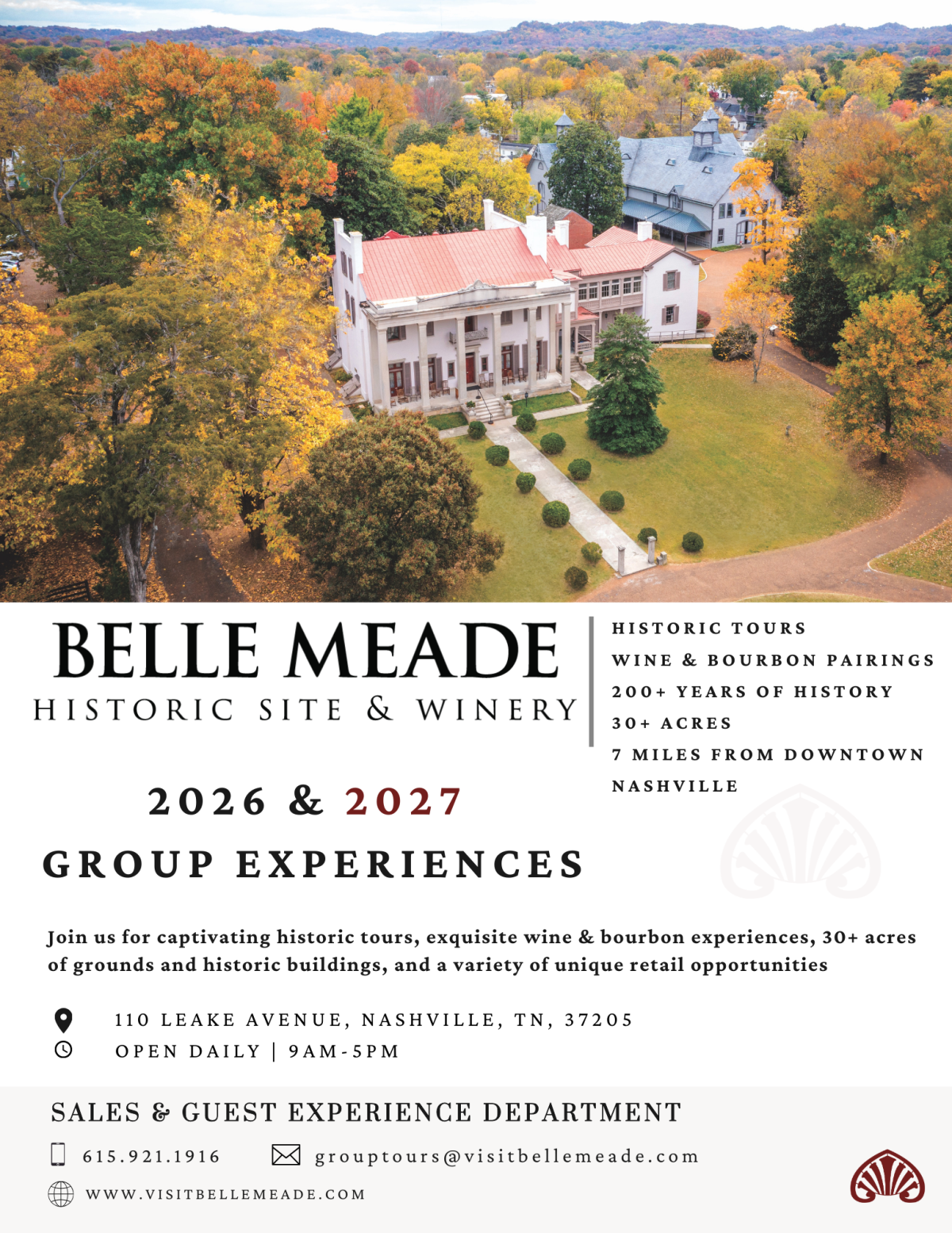 Aerial view of Belle Meade historic site, text advertises tours and group experiences for 2026-2027.