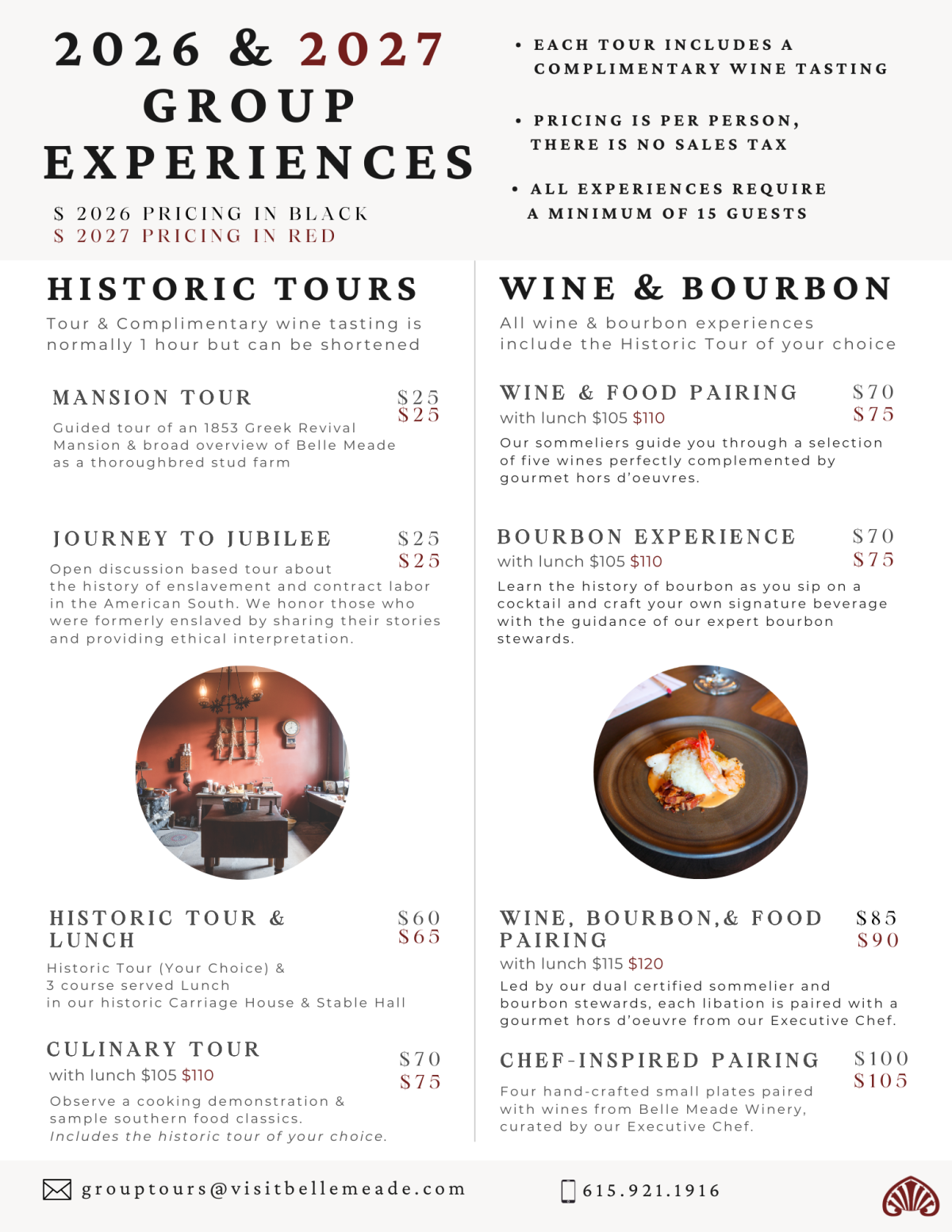 Flyer detailing 2026 and 2027 group experiences with pricing, tour options, and contact information.