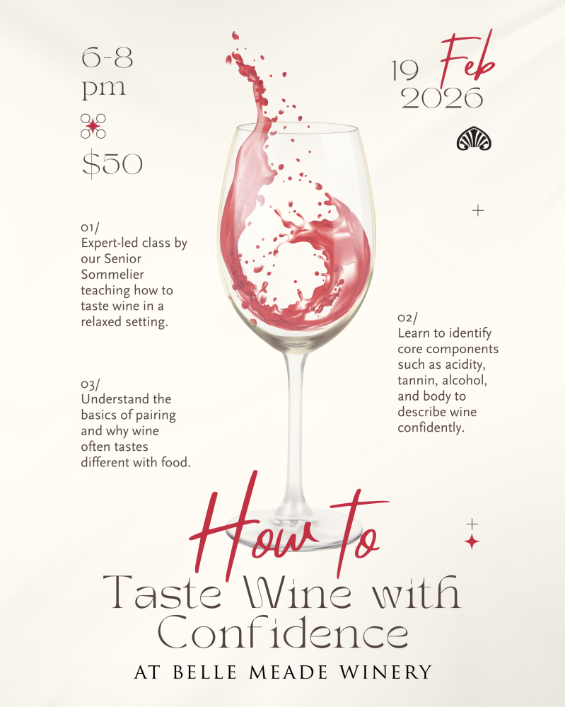 Wine tasting event poster featuring a splashing wine glass and event details for February 19, 2026.