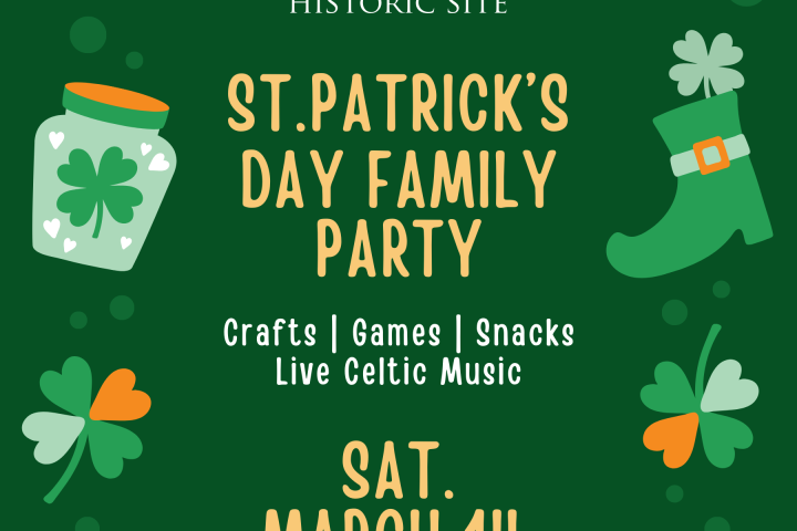 St. Patrick's Day event poster with shamrocks and party details, March 14, 10AM-2PM, Belle Meade Historic Site.