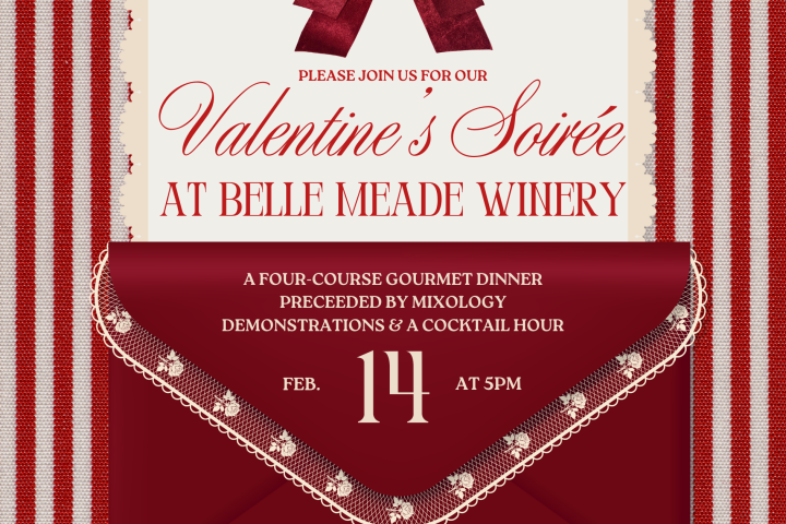 Valentine's Soirée invitation with red bow and striped background.