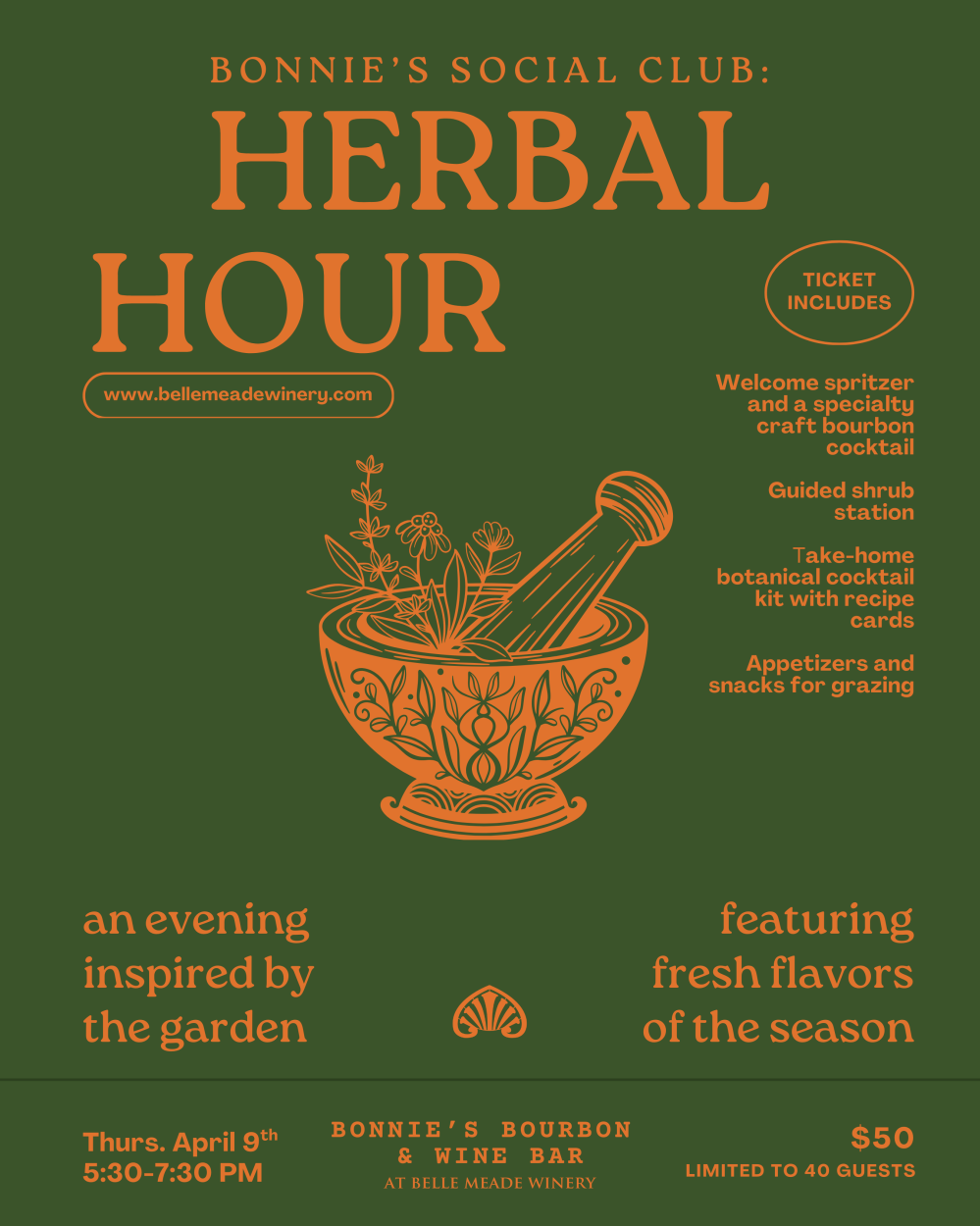 Green poster for 'Herbal Hour' at Bonnie's Social Club with event details, a pestle, and floral design.