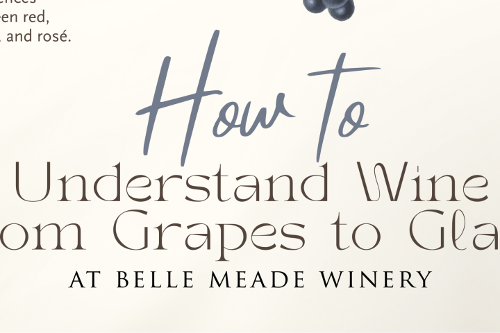 Poster for a wine tasting class at Belle Meade Winery on March 19, 2026, featuring grapes and details.