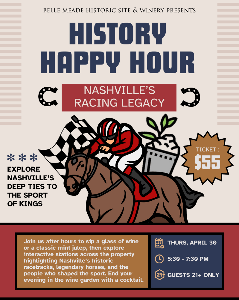 Event poster for 'History Happy Hour,' featuring horse racing theme and $55 ticket price.