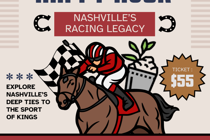 Event poster for 'History Happy Hour,' featuring horse racing theme and $55 ticket price.