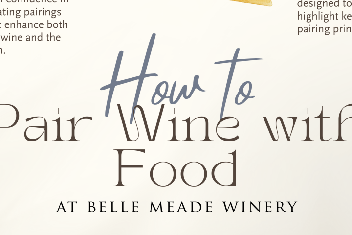 Event poster with wine, cheese, tomato, and chocolate illustrations for a wine pairing at Belle Meade Winery.