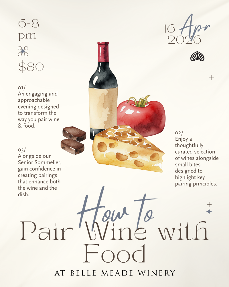 Event poster with wine, cheese, tomato, and chocolate illustrations for a wine pairing at Belle Meade Winery.