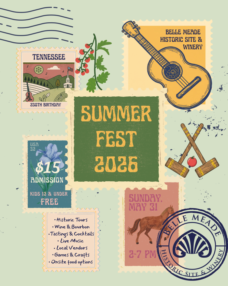 Summer Fest 2026 poster with vintage stamps, a guitar, horse, and event details for Belle Meade Winery.