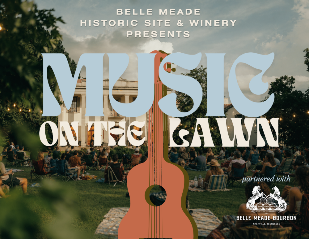 Poster for 'Music on the Lawn' with guitar, crowd, trees, and historic house.