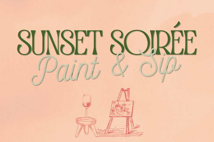Poster for a paint and sip event at Belle Meade Winery on June 21, featuring drinks, appetizers, and painting.