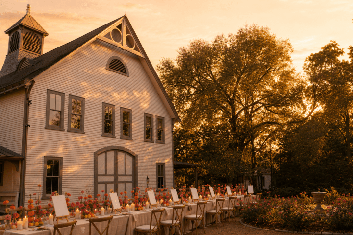 Outdoor event setup with tables by a white barn at sunset.