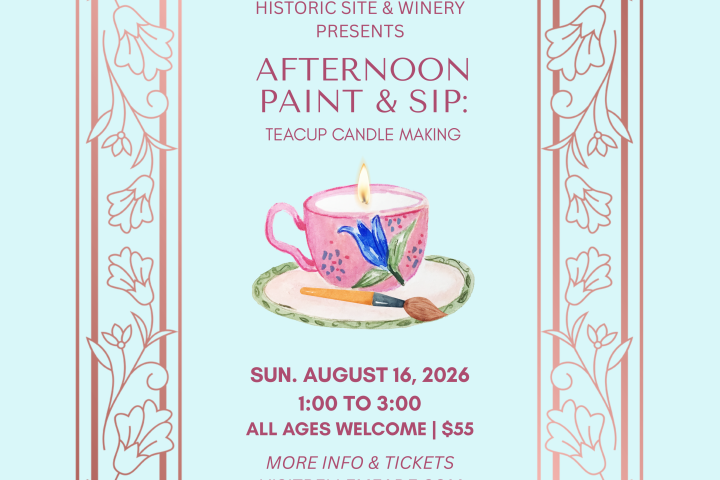 Event poster with floral border, featuring teacup candle illustration; text details paint and sip on August 16, 2026.
