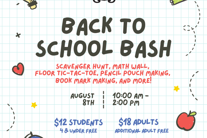 Back to School Bash event flyer with activities and contact info, set on a grid paper background with doodles.