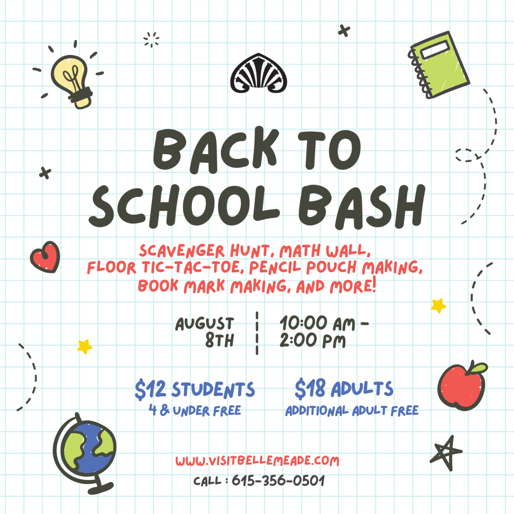 Back to School Bash event flyer with activities and contact info, set on a grid paper background with doodles.