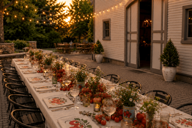Outdoor dining setup with a long table, floral centerpieces, and string lights at dusk.