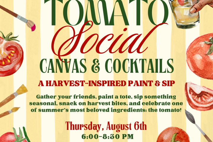Poster for a tomato-themed paint and sip event with illustrations of tomatoes and drinks.
