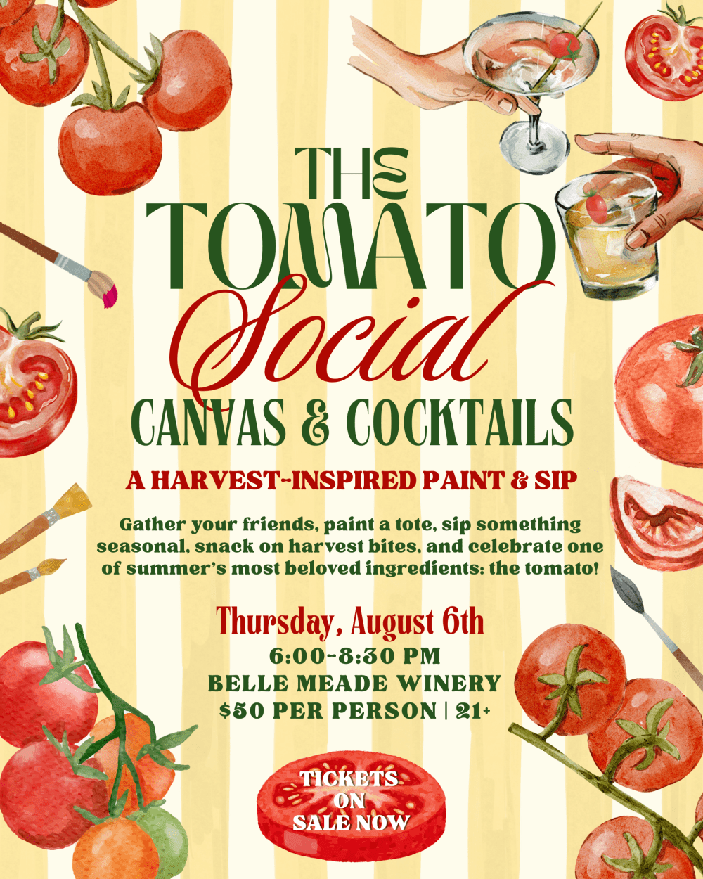 Poster for a tomato-themed paint and sip event with illustrations of tomatoes and drinks.