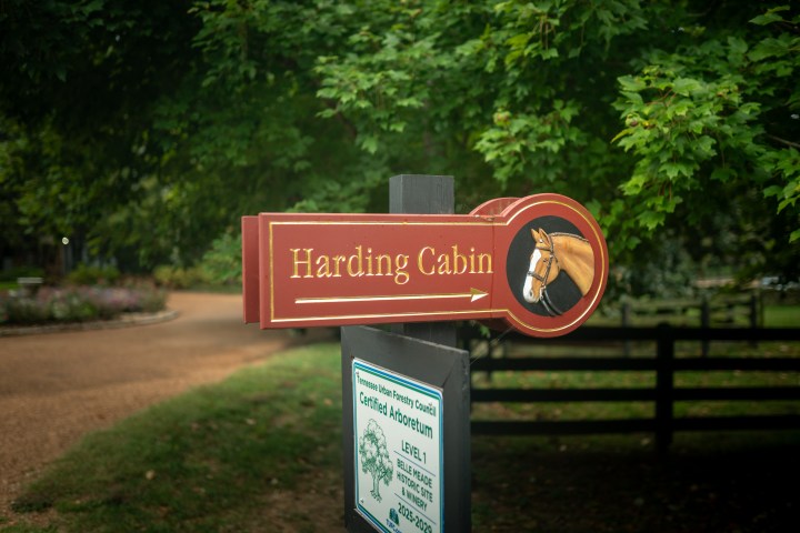Sign for Harding Cabin with horse head illustration in a park setting.