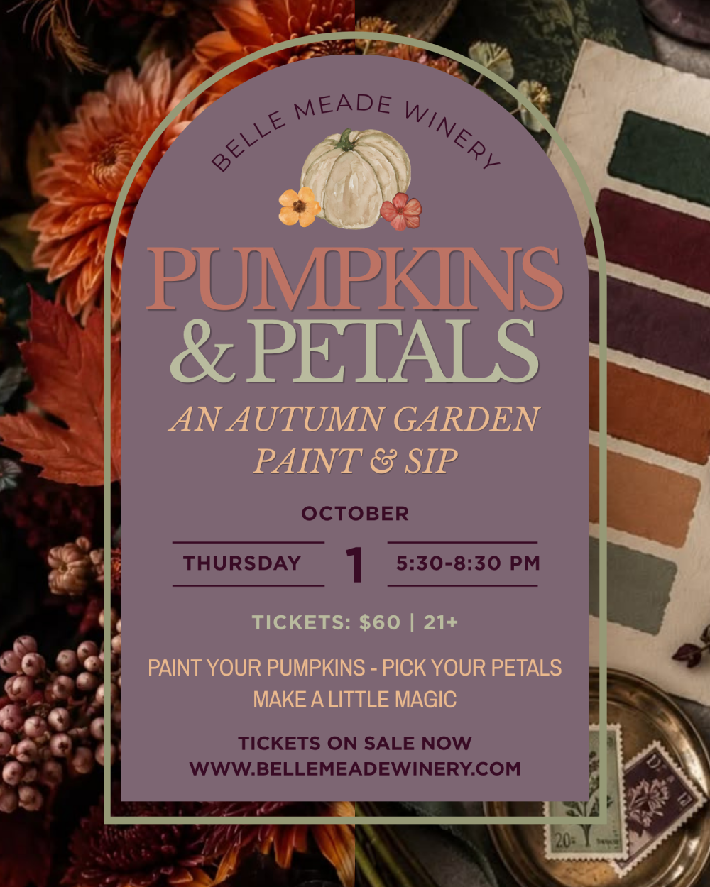 Fall-themed event flyer for a paint and sip at Belle Meade Winery with pumpkins and flowers.