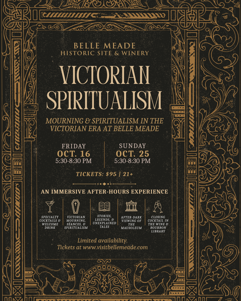 Victorian Spiritualism event poster with gold ornate design and event details.