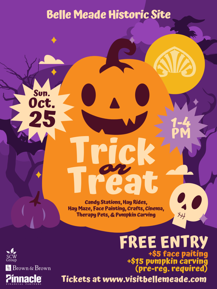 Halloween poster with pumpkin, event details, and cartoon ghosts.