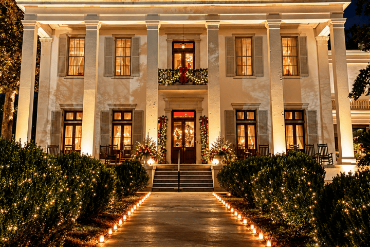 Illuminated mansion with columns, lit pathway, and shrubbery at night.