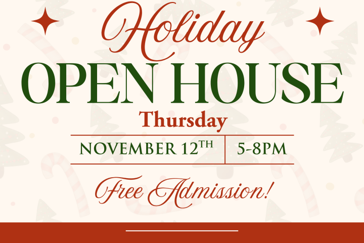 Holiday Open House poster with event details and decorations.