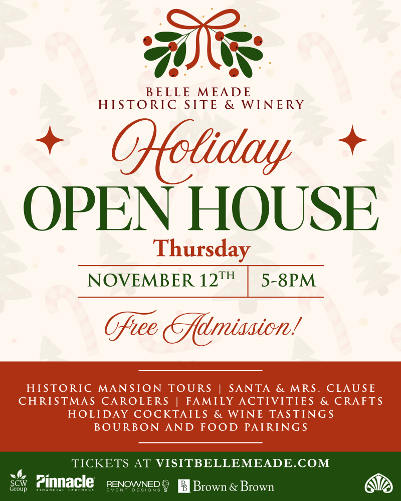 Belle Meade Holiday Open House flyer with details on tours, Santa, and activities on November 12th, 5-8 PM.