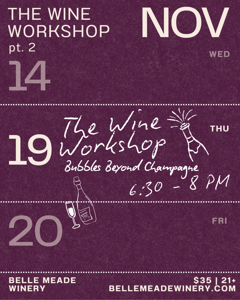Purple event poster for wine workshop on Nov 19, 6:30-8 PM