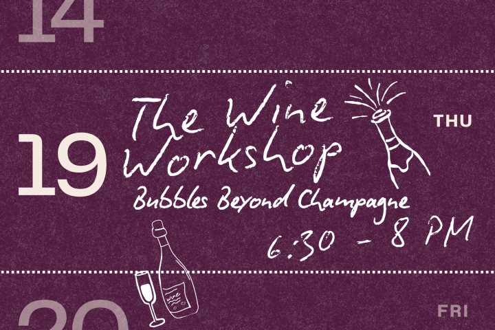 Purple event poster for wine workshop on Nov 19, 6:30-8 PM